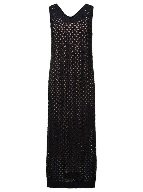 Maxi Black Sleeveless Open Knit Dress In Cotton And Linen Blend Woman