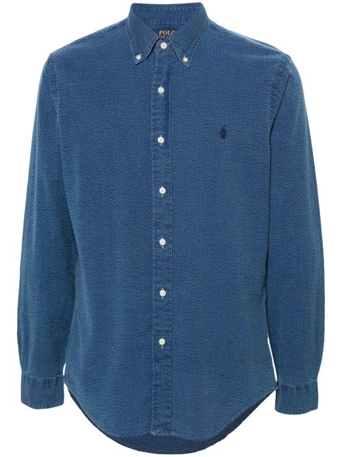 Polo Pony-embroidery seersucker shirt - Blue