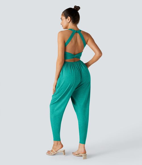U Neck Pocket Harem Casual Jumpsuit-Easy Peezy Edition  - Reef Mint Green
