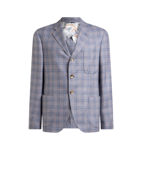 Single-breasted Silk And Wool Mouliné Jacket With Check Motif