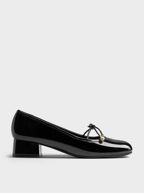 Charles & Keith - Barbara Patent Pearl-Embellished Bow Ballet Pumps