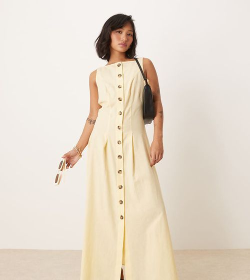 ASOS DESIGN Petite slash neck button down vest maxi dress in buttermilk-White