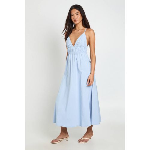 Boohoo Women's Bengaline Elasticated Waist Detail Cross Back Midaxi Dress in Baby Blue