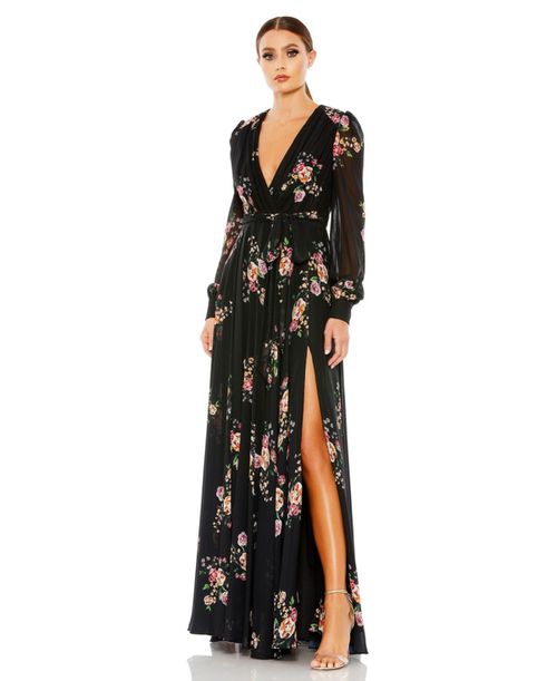 Women's Belted Floral Print Illusion Long Sleeve Gown - Black multi