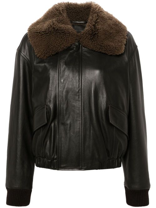 Shearling collar leather jacket - Brown