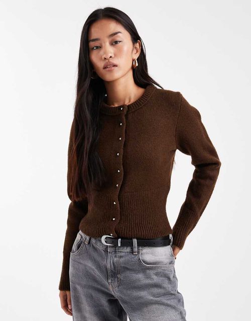 Fluffy neat fit knit cardigan-Brown