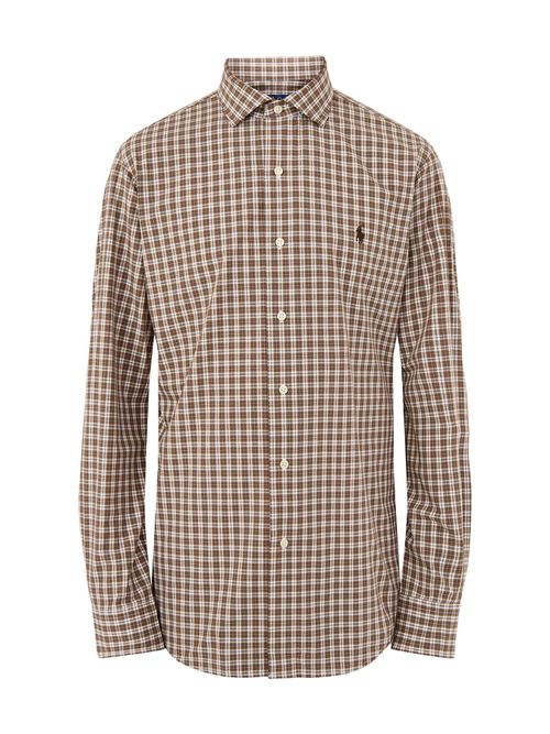 Custom Fit Stretch Poplin Check Shirt Brown, Cotton