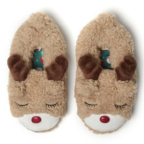 Dearfoams Unisex Matching Family Holiday Christmas Reindeer & Turkey Scuff Slipper