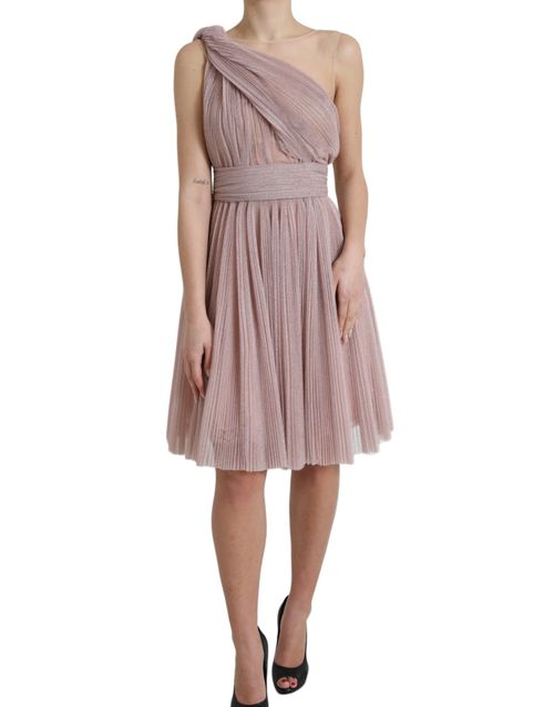 One-Shoulder Pleated Lamé Tulle Dress — Pink