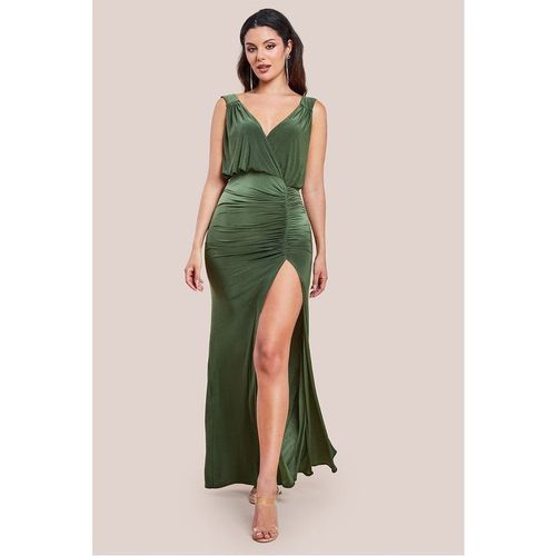Goddiva Front Wrap Gathered Maxi Dress - Olive