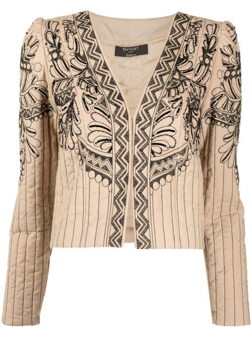 Graphic-embroidered quilted jacket - Brown