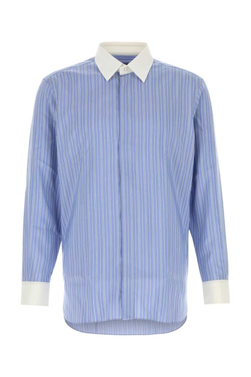 Contrast-Collar Pinstriped Silk Shirt — Blue