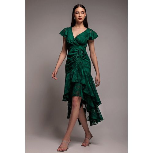 Goddiva Jacquard Chiffon Wrap High Low Midaxi Dress - Emerald Green