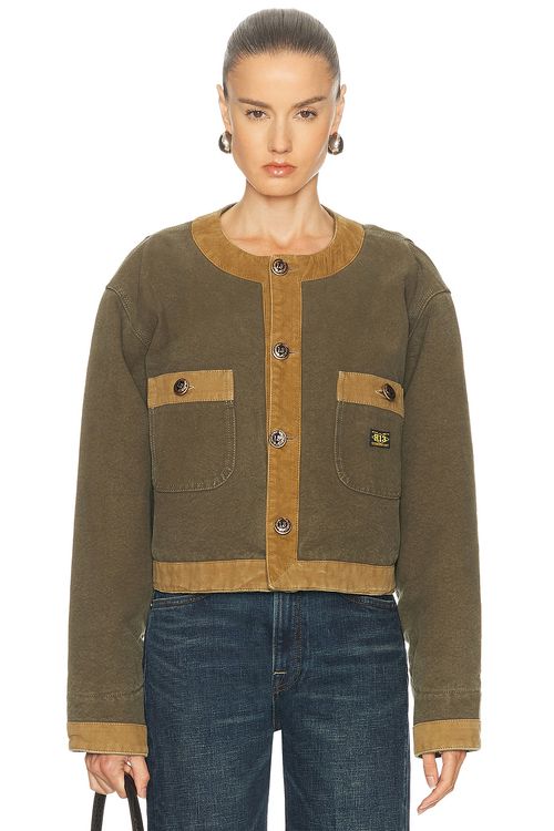 R13 Cord Trimmed Cropped Chore Jacket in Dusky Olive Canvas Green - Olive. L also in M