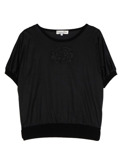 Floral-embroidered cotton T-shirt - Black