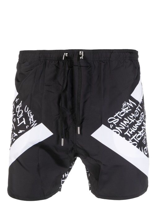 Calligraphy-print drawstring swim shorts - Black