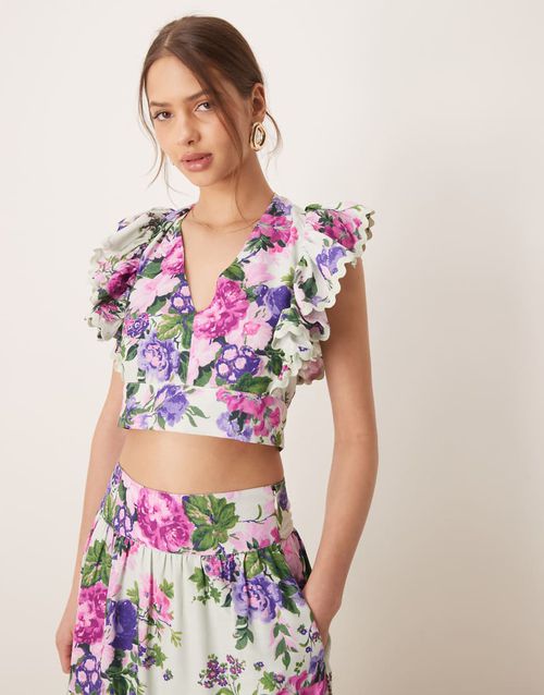 Ruffle sleeve tie back cropped top in multi floral - part of a set-Purple