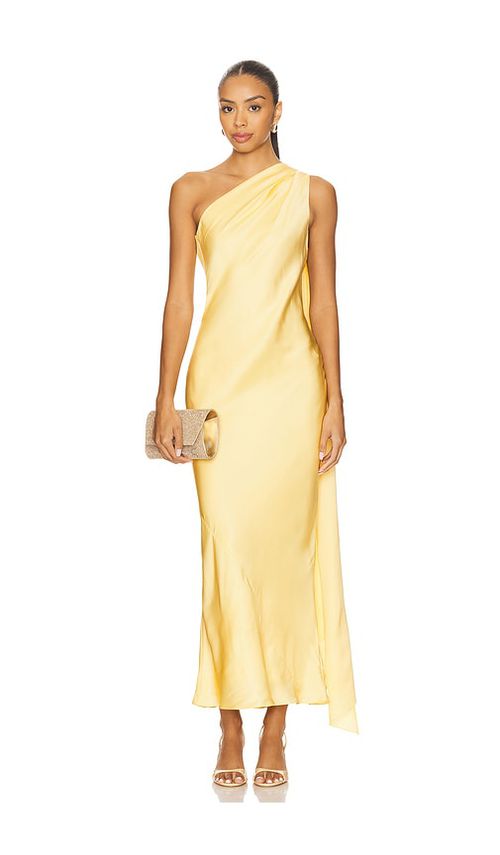 Alejandra Alonso Rojas One Shoulder Dress With Cape in Yellow.  6. Also in