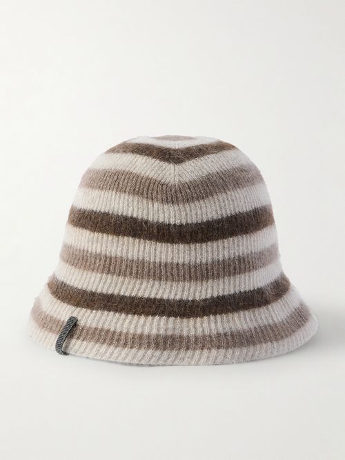 Bead-embellished Striped Metallic Ribbed-knit Bucket Hat - Brown