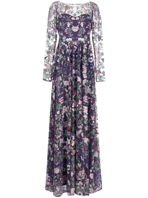 Botanical-embroidery sheer-overlay gown - Purple