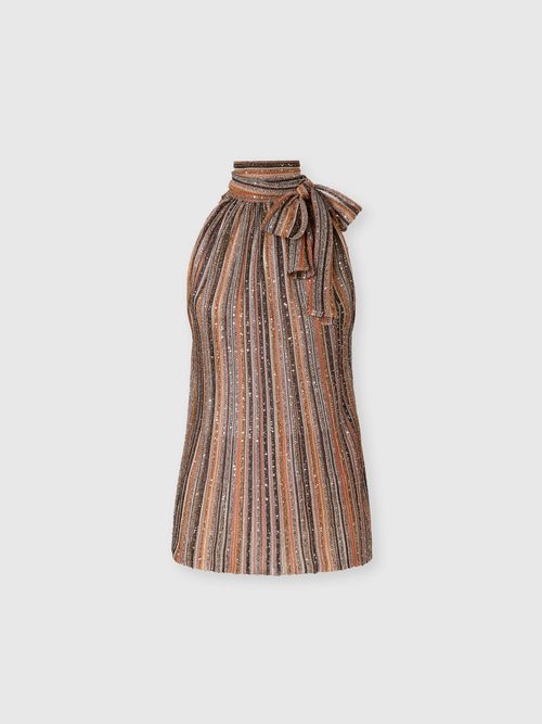 Missoni - Top sin mangas acanalado de viscosa lamé con cuello pañuelo, Mujer, Verde & Marròn