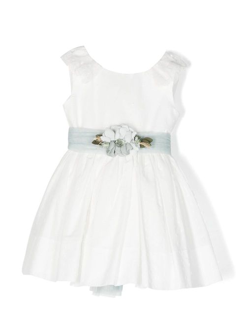 Floral-appliqué belted midi dress - White
