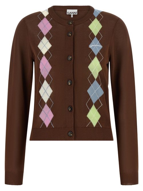 Argyle Intarsia Cardigan — Brown