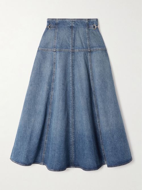 The Brigette Embellished Paneled Denim Midi Skirt - Blue