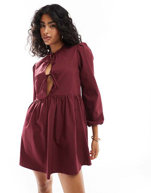 ASOS DESIGN poplin tie front long sleeve dress in burgundy-Red
