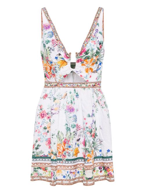 Cut-out floral linen minidress - White
