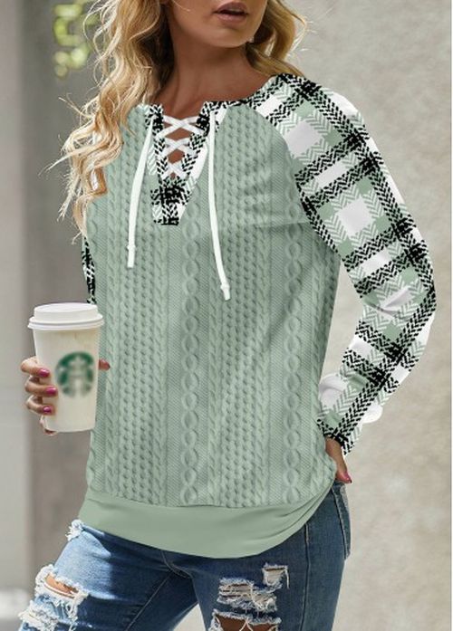 Modlily Sage Green Lace Up Plaid Long Sleeve Sweatshirt