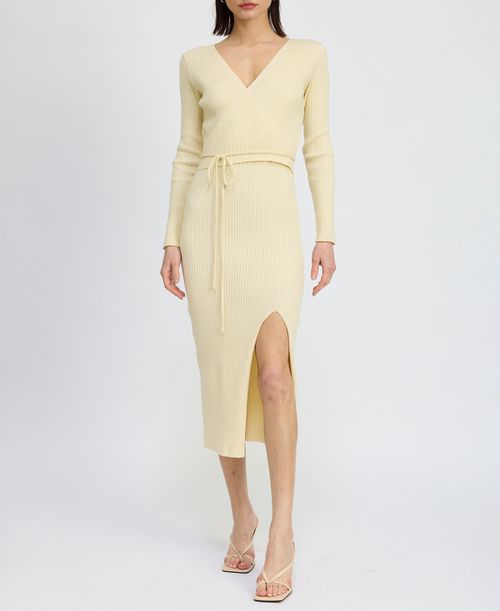 Women's Merril Ribbed Long-Sleeve Slit-Front Dress - Natural