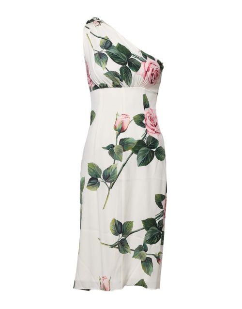 Floral One-Shoulder Silk Dress — White