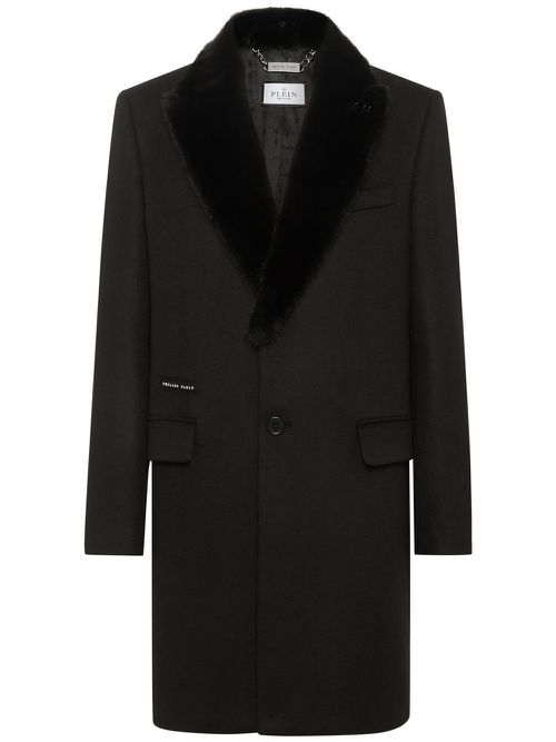 Faux-fur trim single-breasted coat - Black