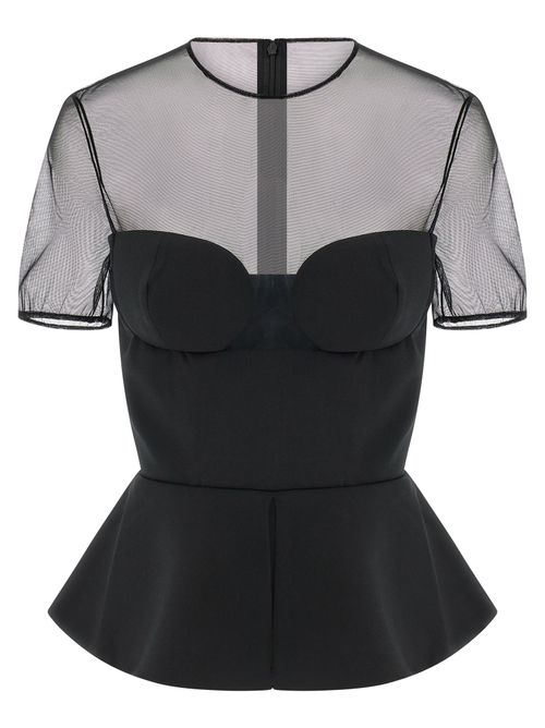 Virgin Wool Bustier with Sheer Neckline Blouse — Black