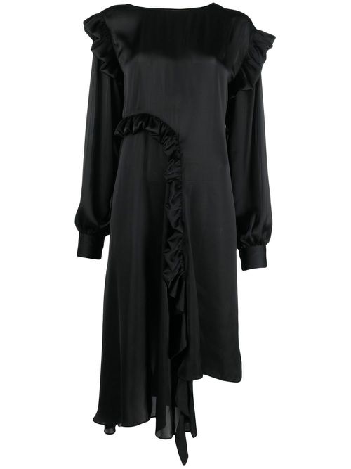 Ruffled long-sleeved maxi dress - Black