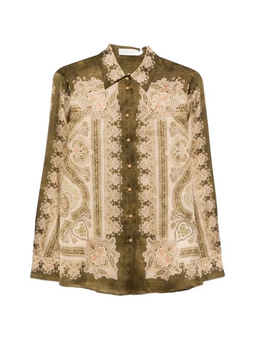 Paisley-Print Silk Shirt — Olive