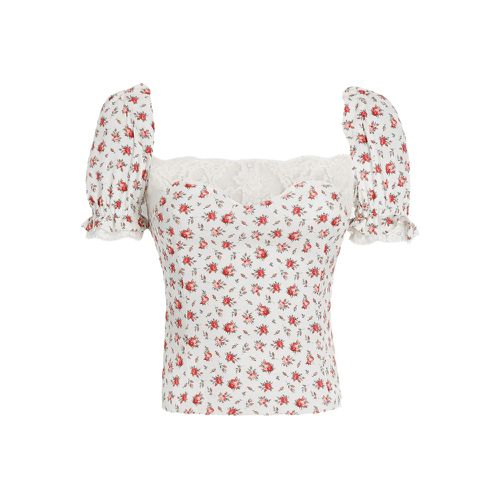 Floral-print Lace-trim Top