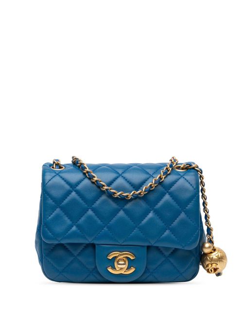 2019 Mini Square Classic Lambskin Pearl Crush Single Flap crossbody bag - Blue