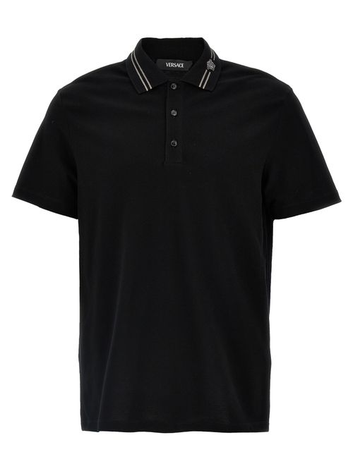 Medusa-Embroidered Cotton Piqué Polo Shirt — Black