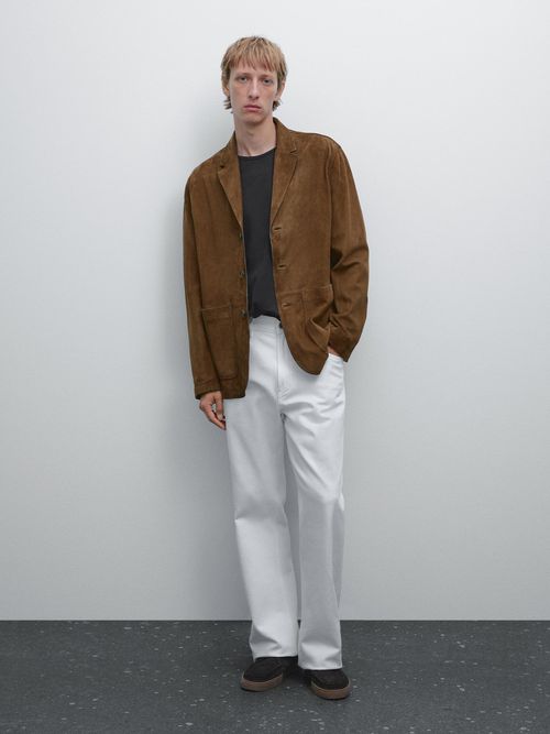 Suede Leather Blazer With Topstitching - Brown