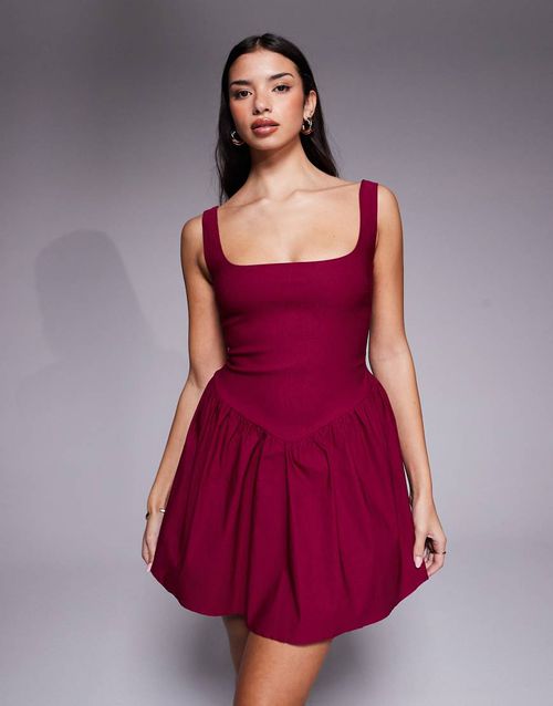 Bengaline square neck skater mini dress in berry-pink