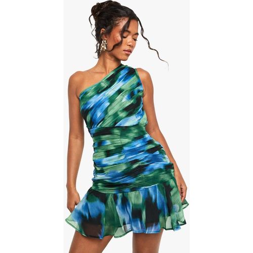 Boohoo Women's Abstract Printed Ruched One Shoulder Mini Dress in Blue