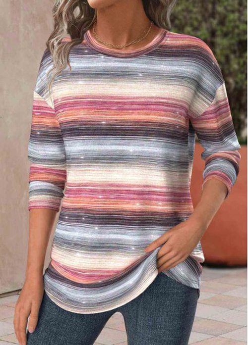 Modlily Plus Multi Color Striped Long Sleeve T Shirt - 3X