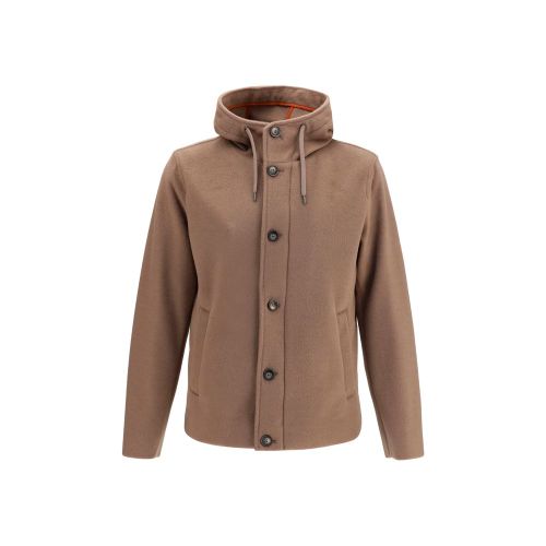 Hooded Button-Front Jacket — Brown