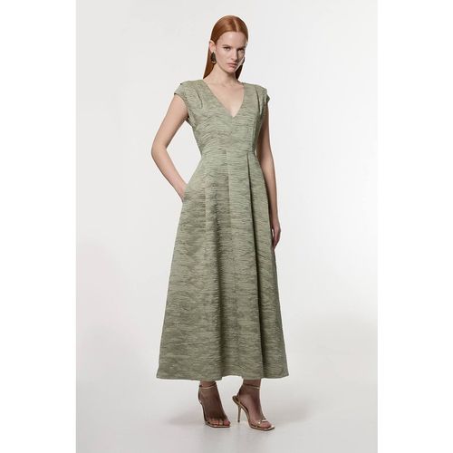 Karen Millen Women's Crinkle Satin Pleated Sleeveless Full Skirt Tailored Midi Dress in Sage