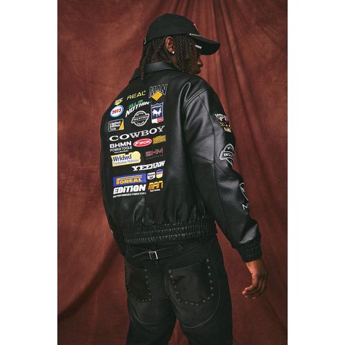 BoohooMAN Mens Boxy Fit PU Rodeo Applique Badge Varsity Bomber Jacket - Black - Large
