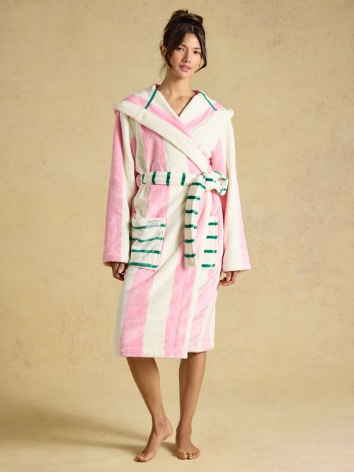 Luna Pink & Cream Striped Lightweight Hooded Fleece Dressing Gown