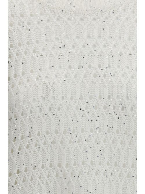 Openwork Silk with All-Over Sequins Sweater — White