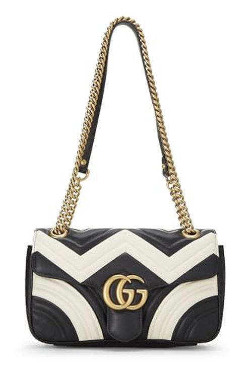 Gucci Pre-Loved Black & White Leather GG Marmont Shoulder Bag Small